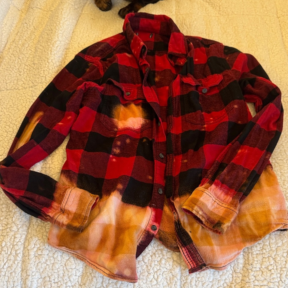 Red & Black Buffalo Plaid Flannel with Orange Dip-Dye